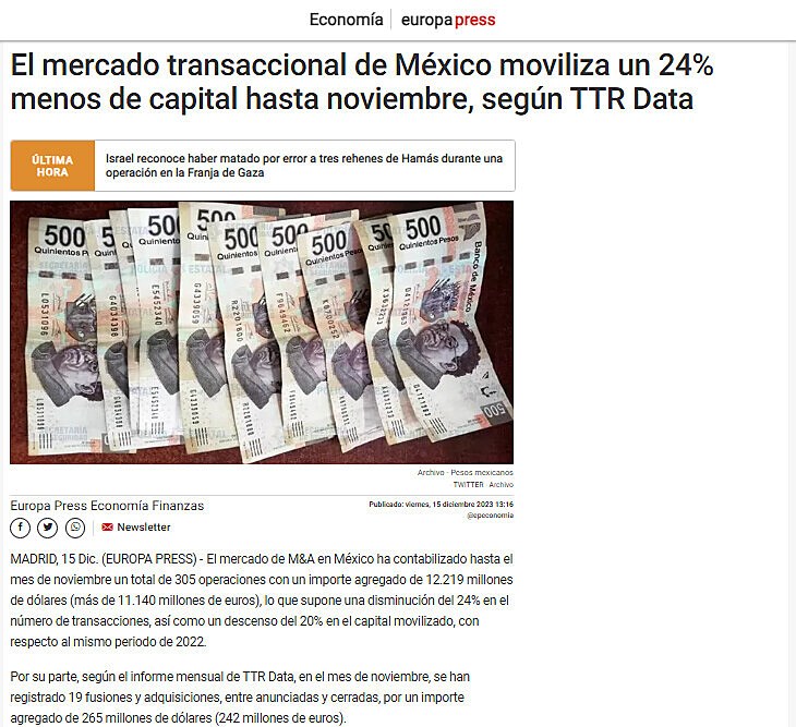 El mercado transaccional de Mxico moviliza un 24% menos de capital hasta noviembre, segn TTR Data